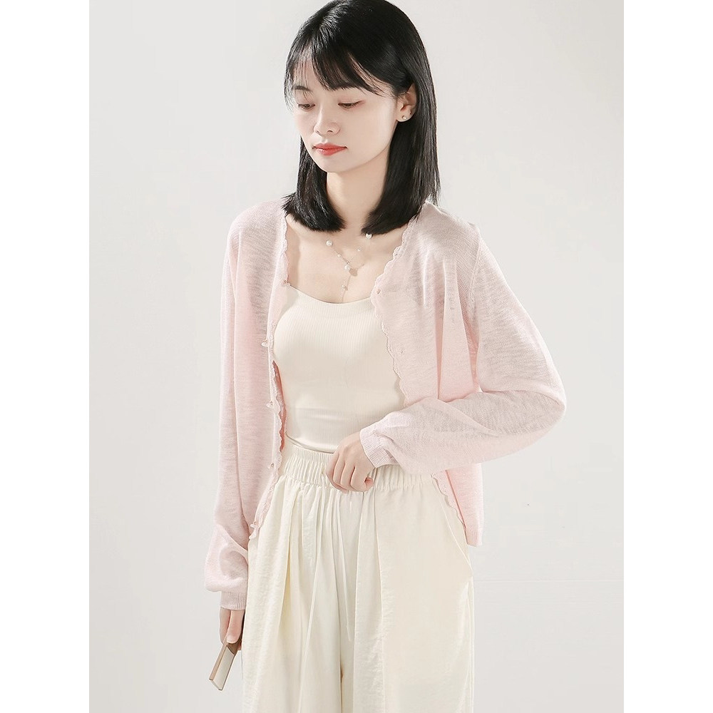 甜美粉色冰丝针织防晒罩衫女夏季