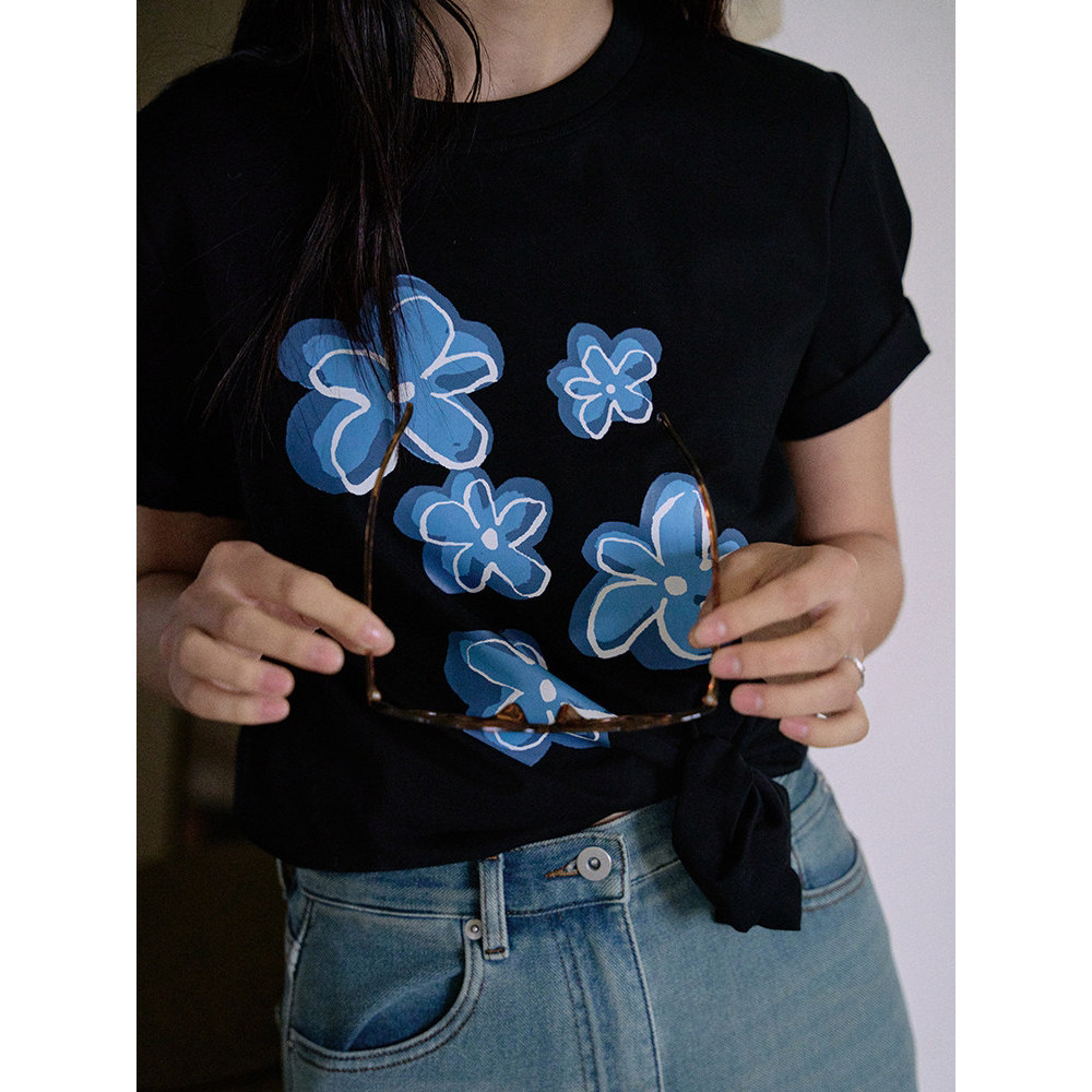 美式复古正肩印花黑色短袖T恤女夏季宽松百搭显瘦休闲纯棉上衣薄