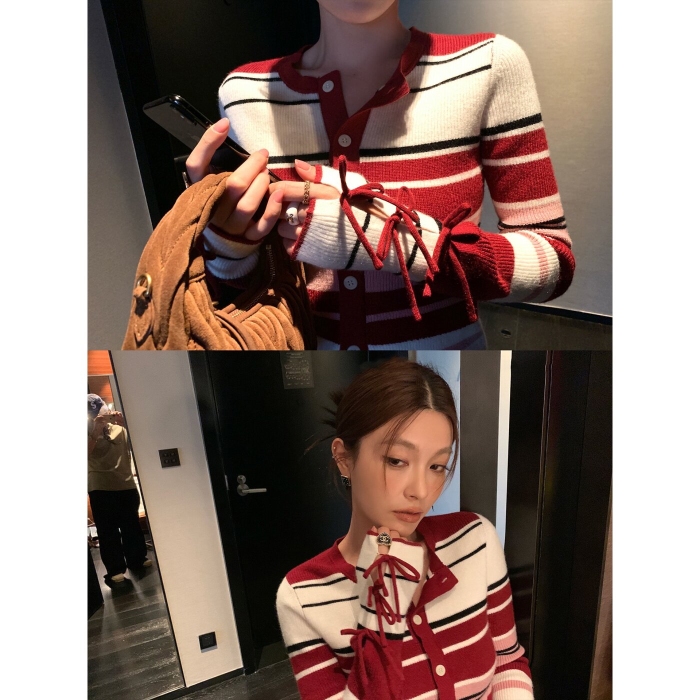 法式复古氛围感条纹蝴蝶结针织衫女秋季长袖修身绝美开衫外套毛衣