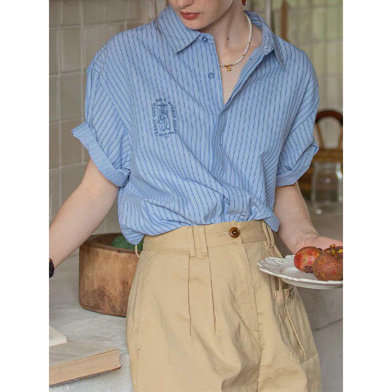 法式蓝色条纹短袖衬衫女夏季上衣