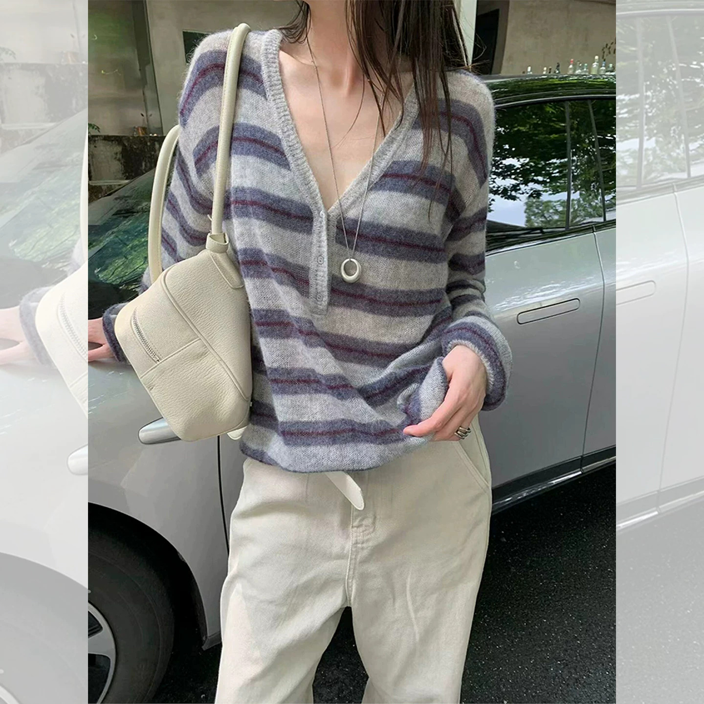 慵懒氛围感条纹V领长袖针织衫女秋冬季宽松显瘦亲肤内搭打底上衣