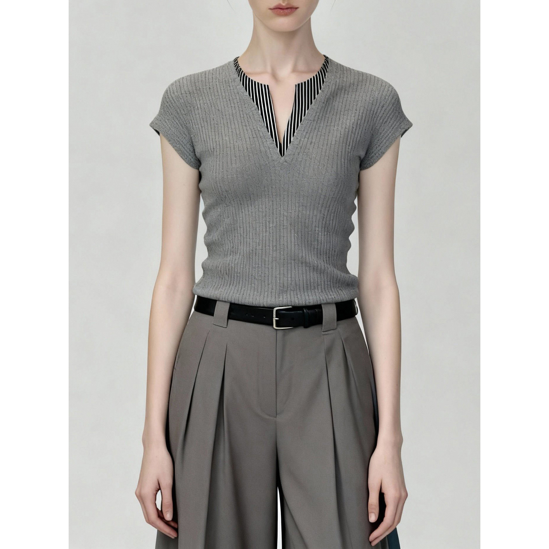 法式冰丝正肩短袖t恤女夏季修身亲肤显瘦假两件针织衫透气上衣薄