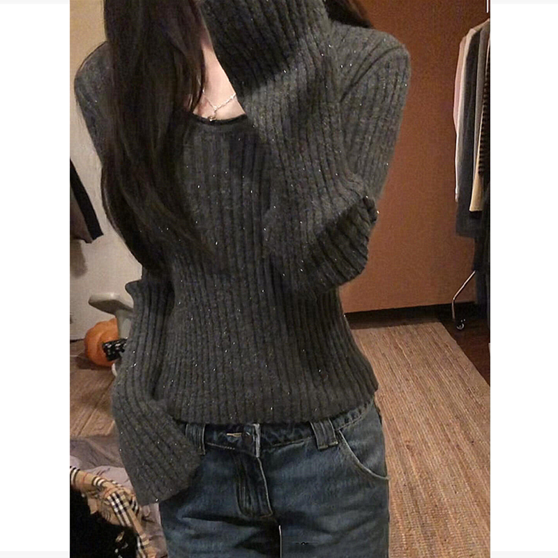 高级感亮丝针织衫女秋冬加厚内搭打底衫显瘦亲肤软糯外穿通勤毛衣