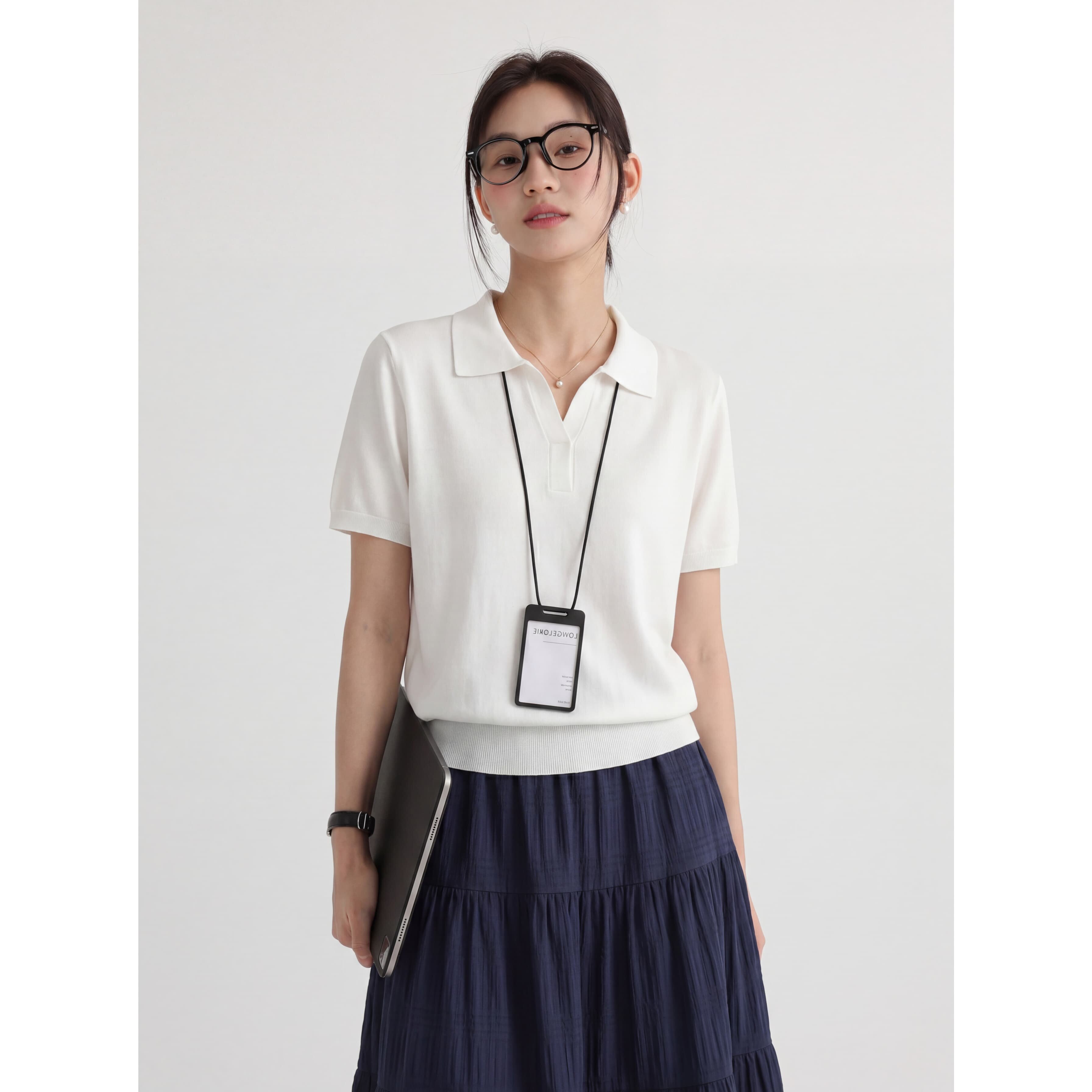 极简白色冰丝短袖针织polo衫女夏季显瘦亲肤透气翻领正肩T恤上衣