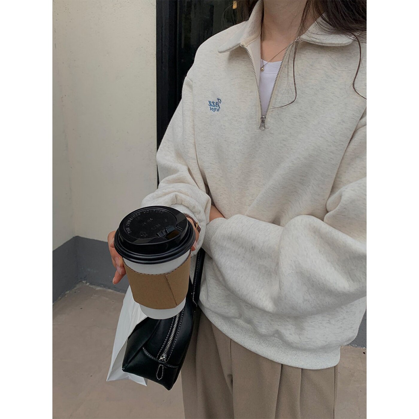 美式复古polo领半拉链卫衣女秋冬学院风宽松慵懒气质外穿休闲上衣