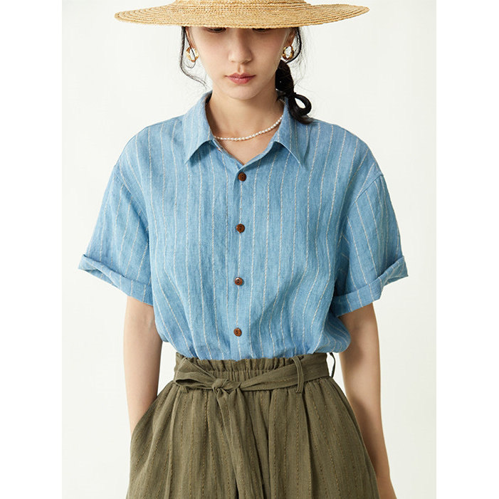 法式条纹亚麻短袖衬衫女夏季上衣