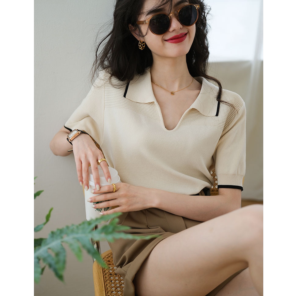 法式别致polo翻领针织衫上衣女夏季修身亲肤短袖t恤正肩短款小衫
