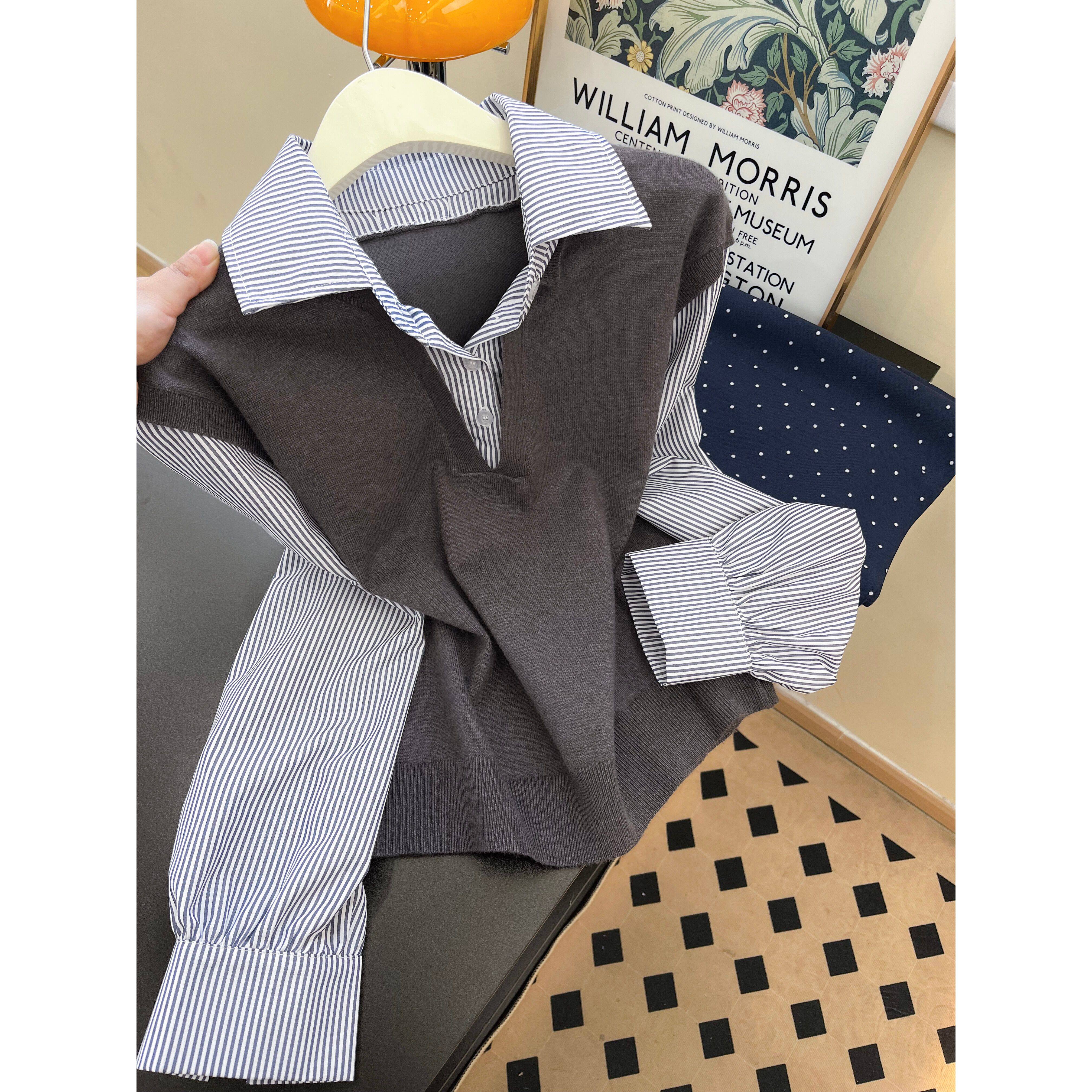 实拍~假两件长袖衬衫女高级感设计感小众早秋韩系chic别致上衣