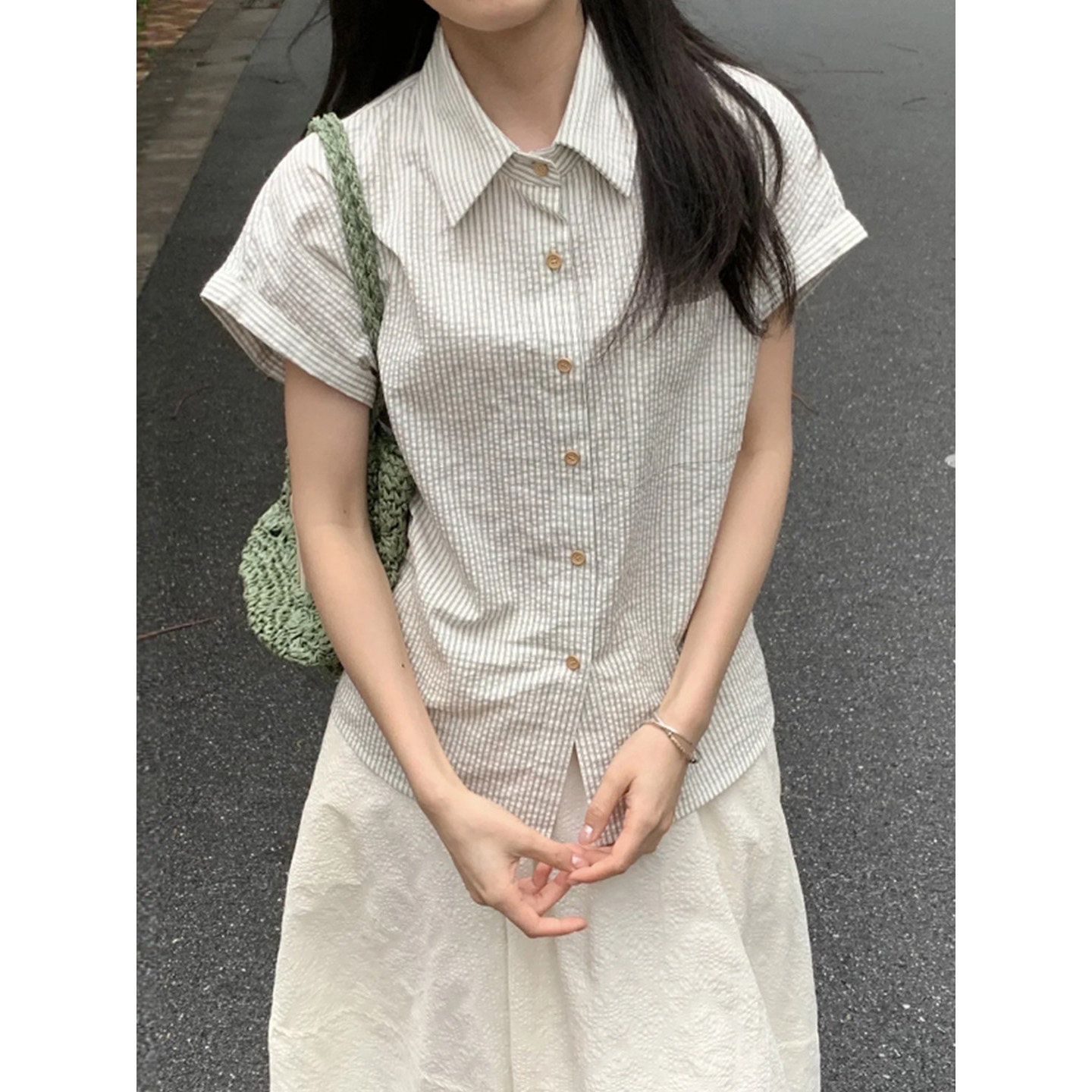 法式条纹短袖衬衫女夏季休闲上衣