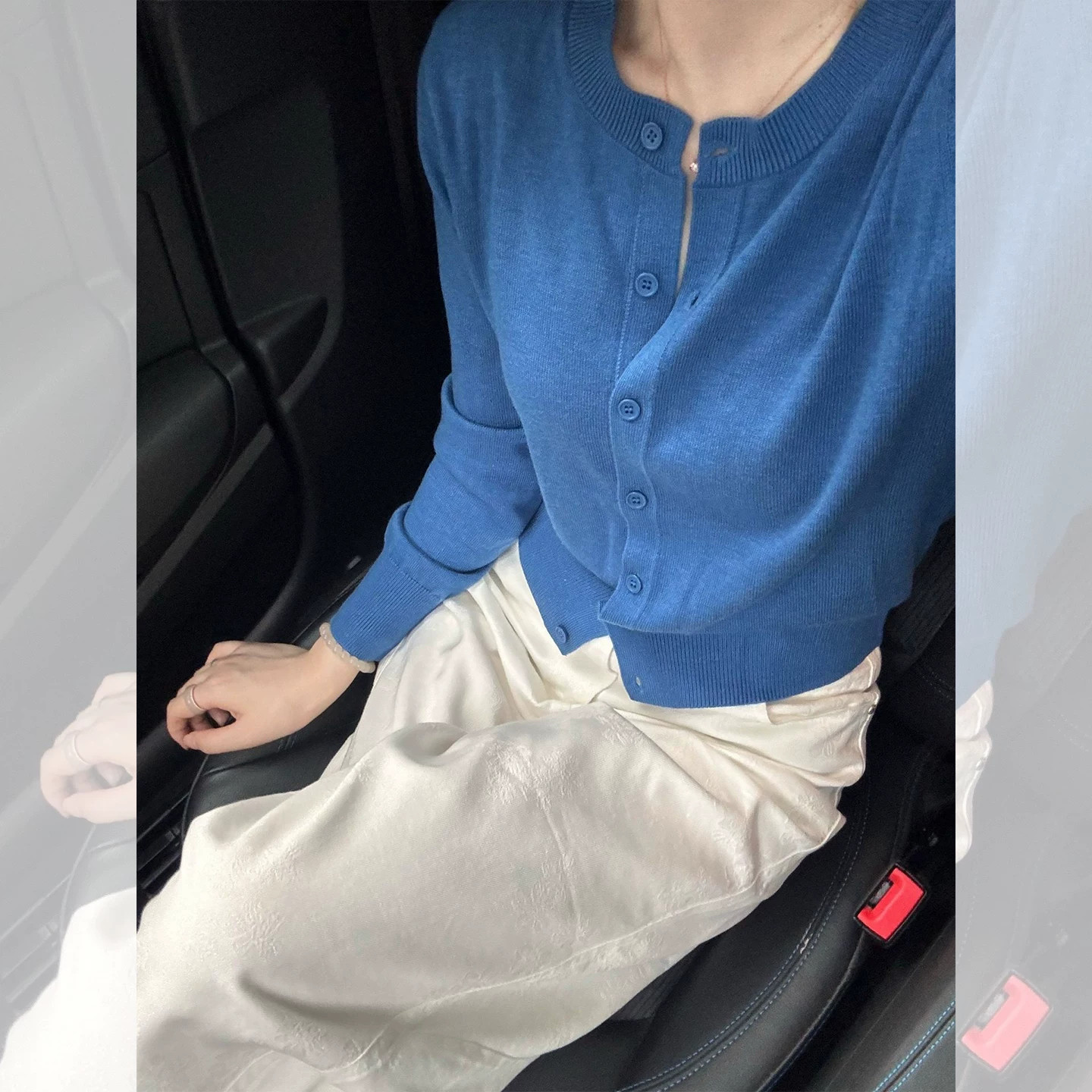 海盐可可风蓝色针织开衫女春秋长袖毛衣外套高智感穿搭巨好看上衣