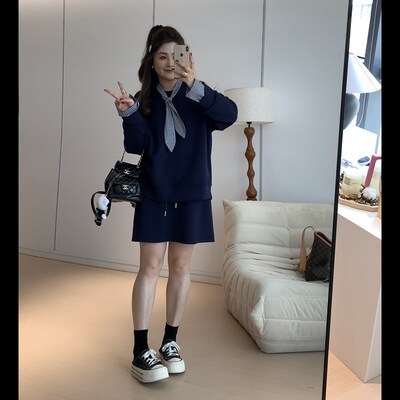 【胖佳佳】日杂少女 假两件格纹拼接卫衣半身裙两件套H624Z14538