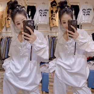 上衣连帽拼接蕾丝T恤潮 单边侧开叉设计感打底长袖 200斤大码 春秋季