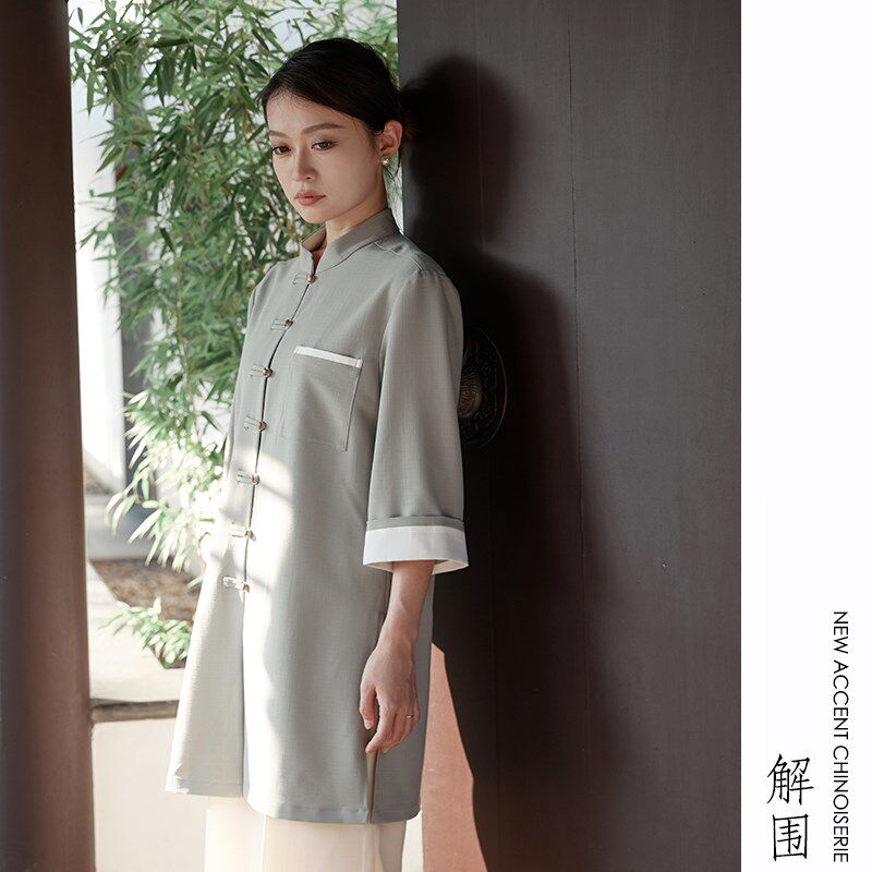 新中式茶馆工作服女夏季新款江南风茶楼餐厅服务员工作服男女灰绿