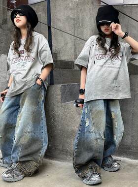 儿童嘻哈街舞服夏装2026新款废土蓝牛仔裤破洞jazz爵士服模特走秀