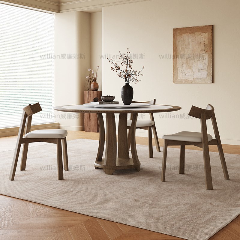 法式中古风内嵌转盘实木岩板餐桌大小户型家用圆形高端别墅餐桌椅