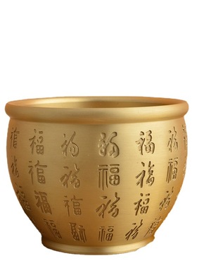 百福铜缸摆件 纯黄铜招财进宝笔筒聚宝盆烟灰缸五帝钱客厅装饰品