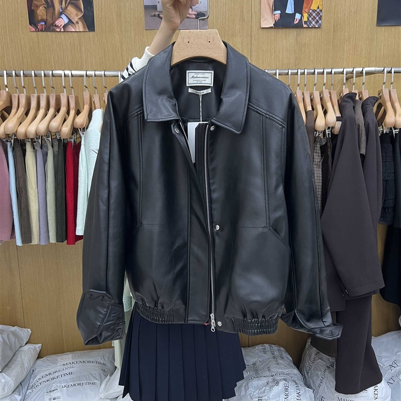 韩国make时尚设计感宽松显瘦休闲翻领拉链短款机车皮衣夹克外套女