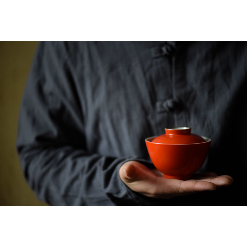 七月长景德镇陶瓷盖碗柿红茶碗仿古釉泡茶碗描金珊瑚红茶具弥云斋