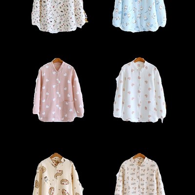 女士纯棉夹棉睡衣上衣秋冬长袖全棉空气层三层夹棉可外穿家居服