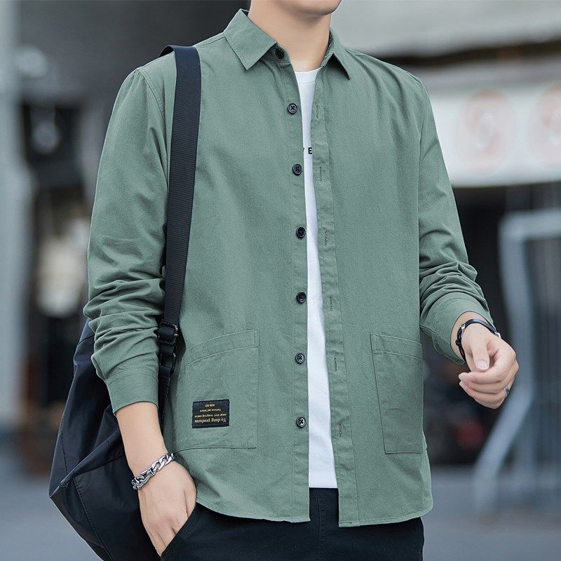 纯棉男士衬衫长袖工装外套衬衣男上衣宽松外穿休闲寸衫春秋季男装