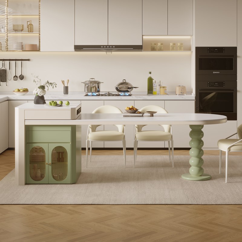 岩板导台加餐桌一体家用设计师法式奶油风高端实木平齐款岛台定制