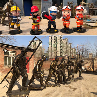 卡通消防员公仔拍照主题公园打卡防铜消防战士抢险救灭火摆件雕塑