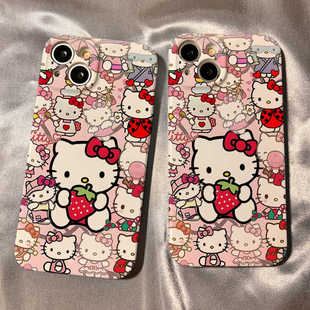 网红卡通草莓kt猫适用iPhone16/15手机壳苹果14plus可爱VIVOS18女小米13pro华为mate60荣耀90红米K70 OPPOA55