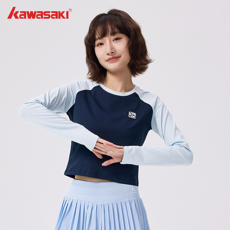 Kawasaki川崎羽毛球服男女款圆领长袖T恤亲肤柔软情侣休闲运动服