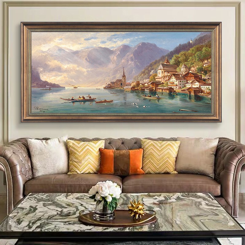 美式聚宝盆山水风景挂画欧式装饰画客厅沙发背景墙仿油画招财壁画图片