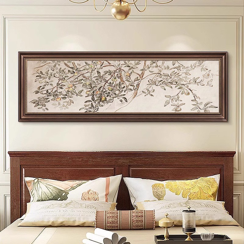 法式复古床头装饰画中古风长款卧室壁画法式植物花鸟横幅挂画客厅图片