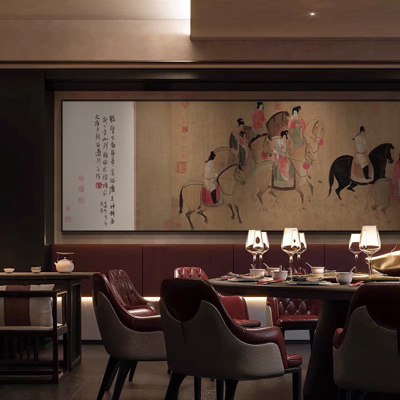 虢国夫人游春图新中式餐厅装饰画宋代美学茶室挂画客厅背景墙壁画