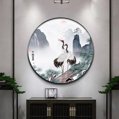 松鹤延年挂画中堂画客厅背景墙中式仙鹤古松壁画迎客松圆形装饰画