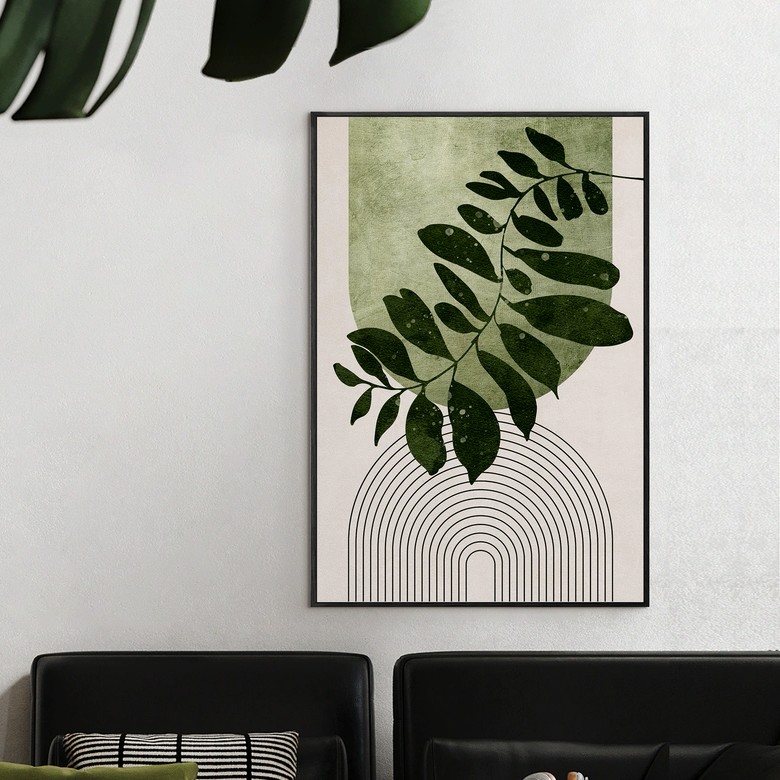 莫兰迪绿色植物抽象几何装饰画中古风装饰画现代客厅背景墙挂画图片