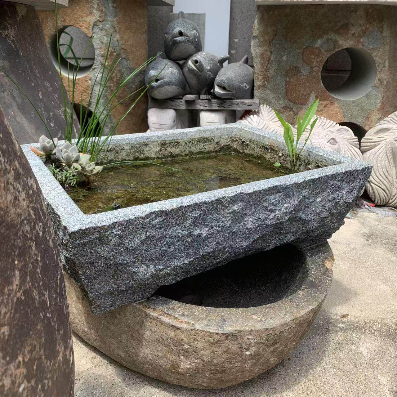 户外庭院花园别墅装饰石槽石头盆景盆一体青石自然石兰花盆水培盆