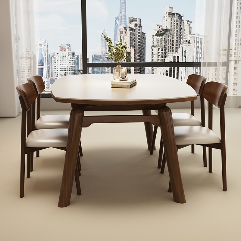 实木岩板餐桌家用小户型胡桃色奶油风可伸缩变圆桌简约饭桌