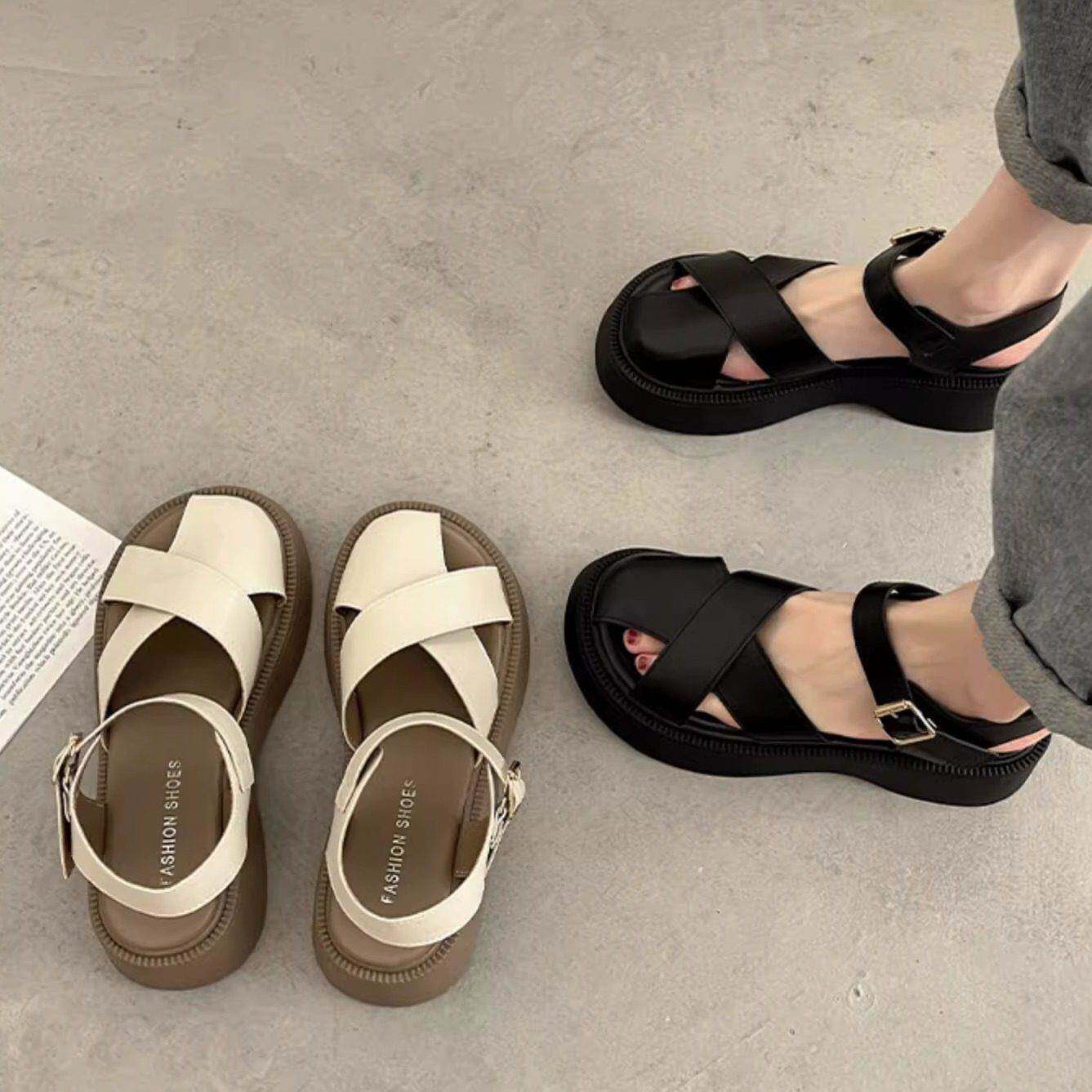 包脚趾头凉鞋女2024年夏季新款百搭不漏脚趾厚底复古罗马外穿配裙