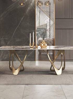 意式轻奢亮光岩板餐桌现代简约家用高端设计师款长方形餐桌椅组合