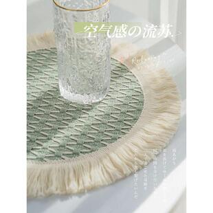 ins风餐垫棉麻编织吸水隔热杯垫透气流苏桌布餐具垫圆形清新绿色