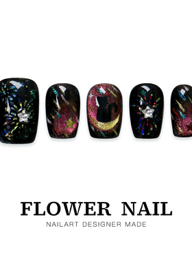 花芷「火树银花」复古黑色猫咪美甲手工穿戴甲短款2026新款高级感