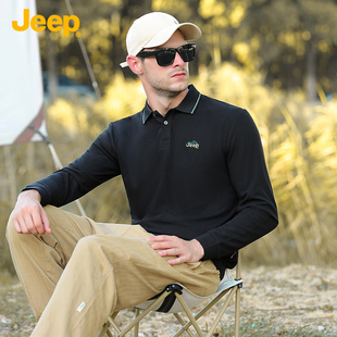 上衣POLO衫 吉普Jeep2024春秋款 长袖 纯色翻领字母刺绣T恤大码 男装