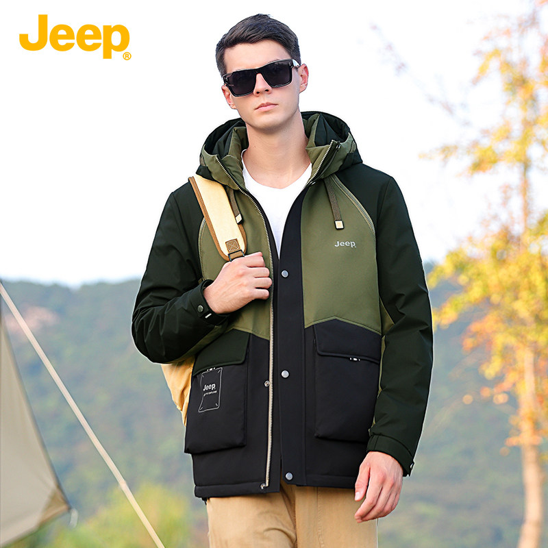 Jeep吉普拼接撞色连帽羽绒服男白鸭绒秋冬季户外工装保暖潮牌外套