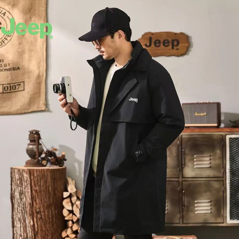 JEEP假两件高密轻量保暖中长款风衣羽绒服男高端双层领设计感外套