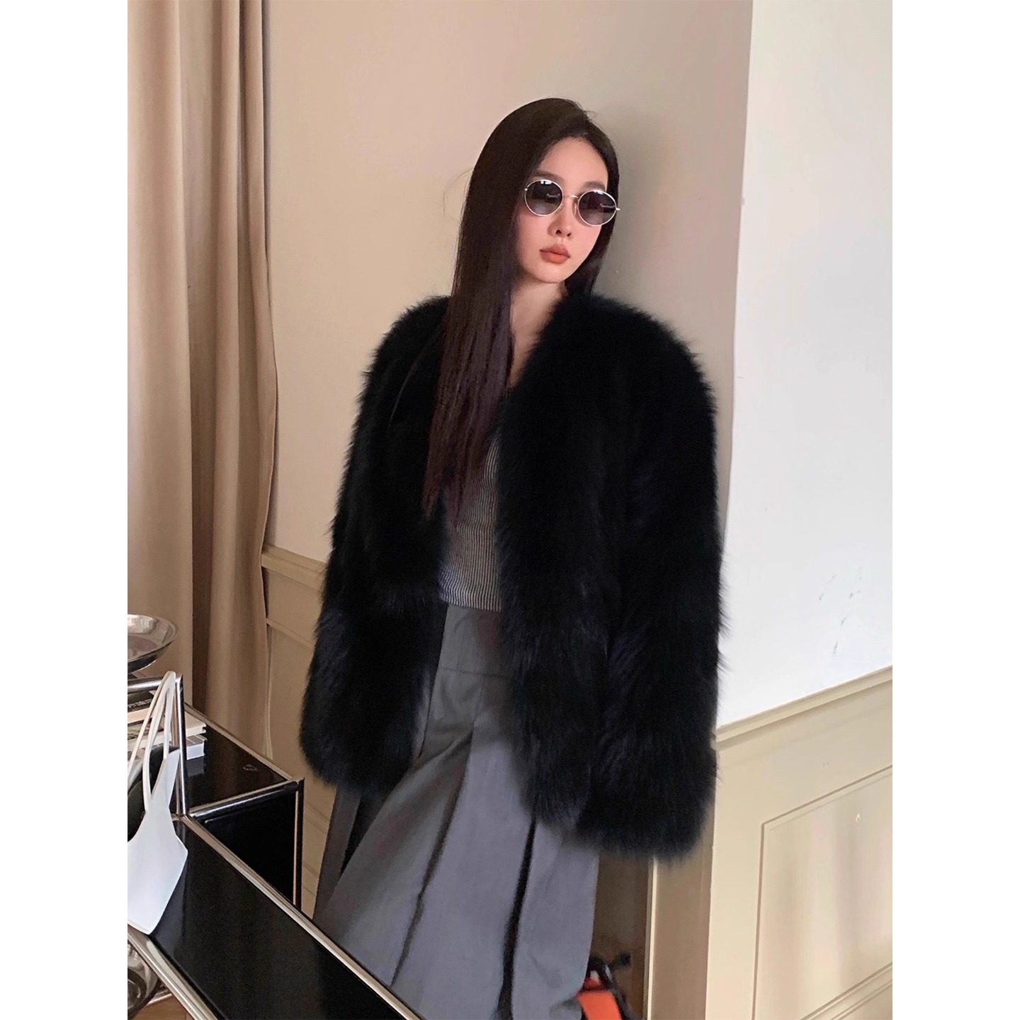 付智恩 黑糖香槟 进口sagafur狐狸毛坎毛大衣开衫皮草毛毛外套冬
