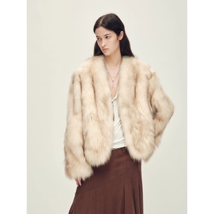 手工喷色晕染V领皮草大衣 sagafurs狐狸毛外套女 付智恩 乱世佳人