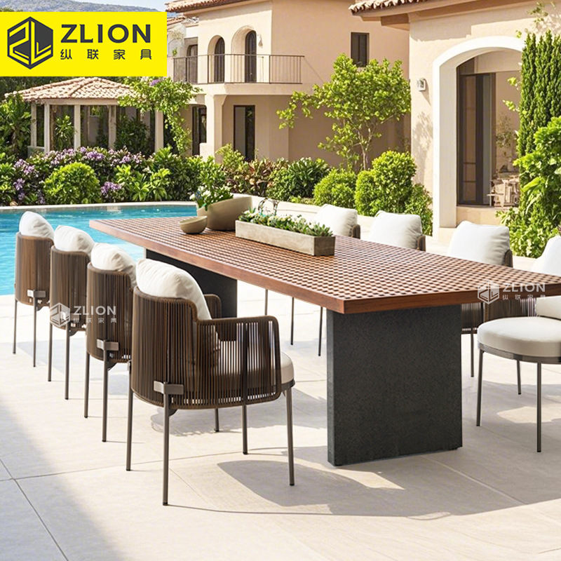 高端户外柚木别墅桌椅庭院民宿露台柚木家具藤编花园露天实木桌椅