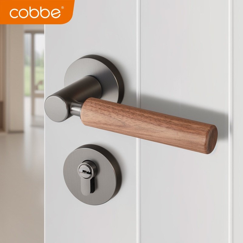 卡贝卧室门锁室内复古实木门把手中古风胡桃木静音磁吸中式木门锁