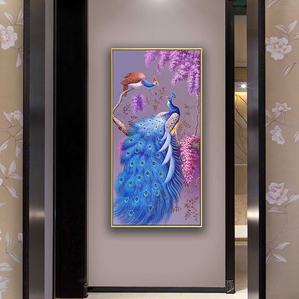 新中式手绘孔雀油画玄关装饰画客厅挂画美式过道竖版高端入户壁画图片
