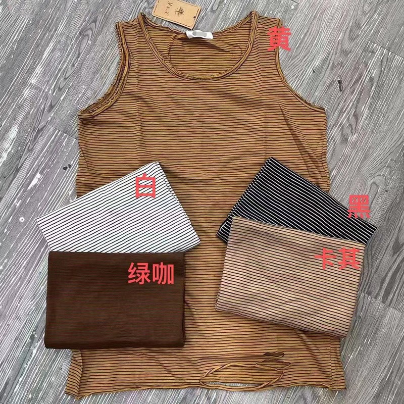 中长款细条纹破洞背心女内搭无袖竹节全棉宽松外穿卫衣春秋打底衫