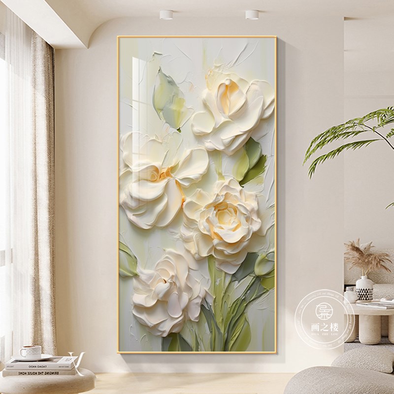 奶油风花开富贵入户玄关装饰画立体花卉肌理感走廊过道高级感壁画图片