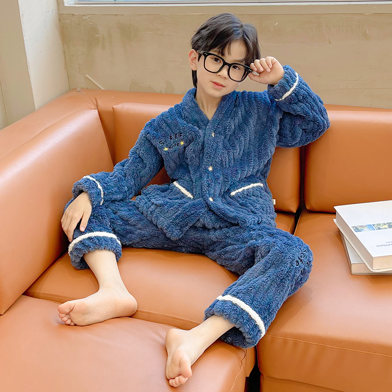 儿童珊瑚绒睡衣加厚款大男童法兰绒开衫家居服秋冬季小孩发热衣裤